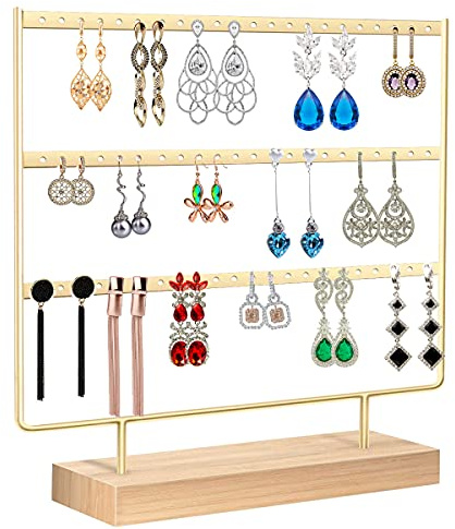 Discoball Earring Holder Stand, 3 Tier Tabletop Earring Display Stand – 66 Holes Wood & Metal Hanging Jewelry Organizer for Studs, Dangle & Hoop Earrings – Gift for Women (Earrings Not Included)