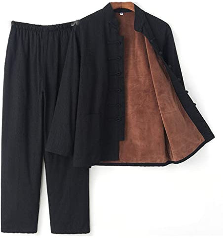 Herr Tang Suit Kung Fu kampdräkt långärmad uniformer höst och vinter plus sammet kinesiska traditionella kläder, förtjockad värme Tai Chi-kostym Hanfu kappa byxor, Svart, 4X-Large