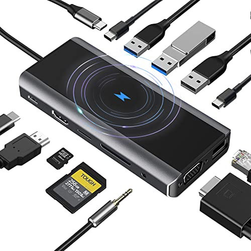 ikling USB c Hub, 13-in-1 USB C Adapter hub to HDMI, VGA, Wireless Charger, 5 USB Ports, Ethernet, SD/TF Card Reader, USB c to 3.5mm Audio, USB c Dock for MacBook Dell XPS HP