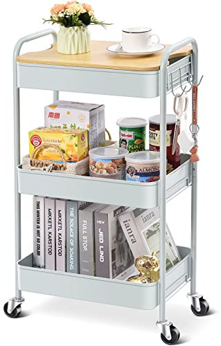 KINGRACK Rollwagen mit 3 Ebenen, Metallwagen mit abnehmbarem Holztablett, Aufbewahrung, Kunstwagen, Trolley, Organizer, Servierwagen, einfache Montage