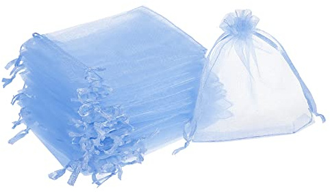 sourcing map 100 Stück Organzasäckchen, 10x12cm Geschenksäckchen Schmuckbeutel Säckchen mit Kordelzug, Organzabeutel für Hochzeit Party Weihnachten Süßigkeiten, Himmel Blau