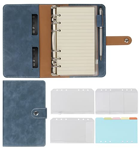 Skycase Notizbuch A6 – Ringbuchordner aus PU-Leder mit 6-Loch-Füllpapier | Inkl. linierten/karierten Blättern & Bindertaschen | Ideal für Kalender, Tagebuch & Büro | Blau