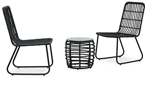 Homgoday 3-teiliges Bistro-Set aus Polyrattan, schwarz, Gartenmöbel-Set, Tisch und Stühle im Freien