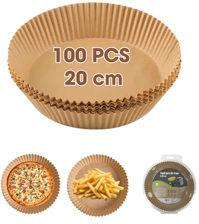 100 uds Papel de Freidora de Aire | Molde de papel | Accesorios para Airfryer |Bandeja Pergamino Antigrasa |AIRFRYER PAPEL | PAPEL FREIDORA | bandeja papel para freidora sin aceite (Circular 20 CM)