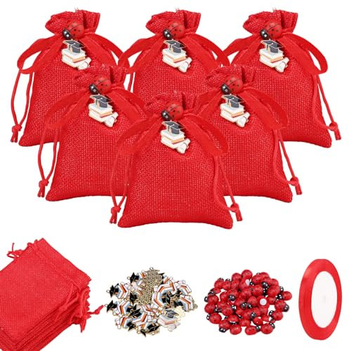 POFIBO 30 Pezzi Sacchetti Rossi in Luta per Bomboniere Laurea, con Cappello e Ciondolo a Forma di Coccinella - Ideali per Feste e Regali Fai da Te