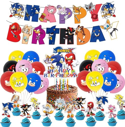Party Decoration Hedgehog Son-ic Birthday Party Supplies Happy Birthday Banner, Balloons, Cake Topper, Cupcake Toppers