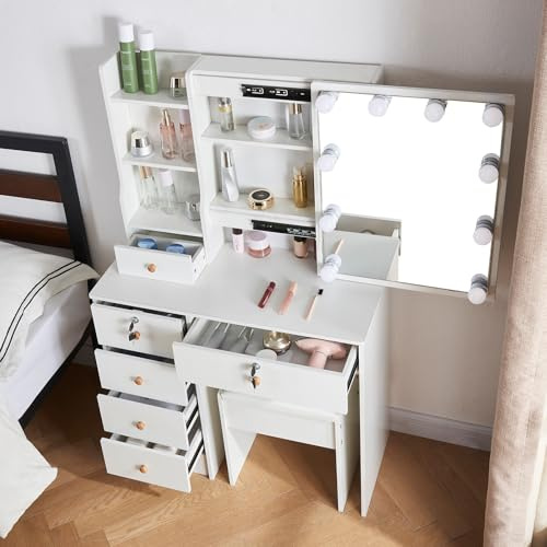 Erganza Schminktisch mit Beleuchtung und Hocker, Frisiertisch mit Spiegel und LED-Licht, 3 Farbtemperaturen und Einstellbarer Helligkeit, 6 Schubladen, Weiß, 130x80x36 cm