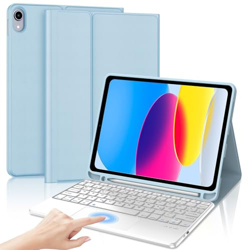 SENGBIRCH Hülle für iPad 10. Gen 10.9/11. Gen A16 2025 mit Trackpad Tastatur - QWERTZ Deutsche Touchpad Abnehmbare Bluetooth Wireless Tastatur für iPad 10. Gen 10.9 Zoll, Hellblau