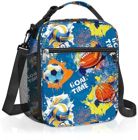 Clastyle Sport Ball Insulated Lunch Bag Large Thermal Cooler Bag for Boys Picnic Lunch Box Tote, Blue Rugby | Blue Ball Graffiti Lunch Cooler Bag for Daycare Travel Camp Picnic, with Bottle Holder Adjustable Shoulder Strap Front Pocket