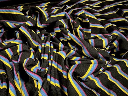 Stretch-Spandex-Ripp-Jersey-Strickstoff, Meterware, gestreift, Schwarz, Blau und Gelb