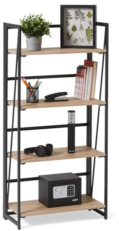 Amazon Basics Klappbares Bücherregal, Metallrahmen, 4 Holzbretter, Wohnzimmer, Schlafzimmer, Homeoffice, Einfache Montage, Eiche, 29,5cm x 60cm x 125cm