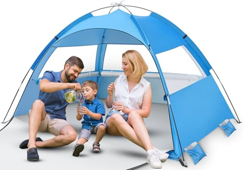 Strandmuschel Pop Up Strandzelt, Strandmuschelnz für 3-4 Personen, Automatisches Strand Zelt Sonnenschutz & Windschutz Blau Pack, Strandzelt Leicht, Einfach Geeignet für Kinder-Familienausflüge