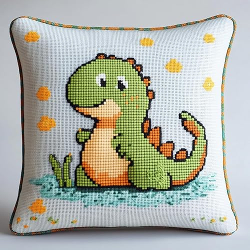 AxiangziK Cartoon-Tiere kreuzstich kissen set vorgedruckt,Niedlicher kleiner Dinosaurier,Stickset 11CT Kreuzstich Kissen zum Basteln Stickkissen Stickpackung,18x18in