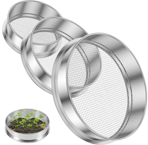 3 Pcs Round Stainless Steel Soil Sieve Garden Sieve Stackable Soil Sifter Set Reusable Garden Potting Mesh Sifter Sifting Pan Portable Compost Seed Gardening Tray for Dirt, Sand, Rock, Filtration
