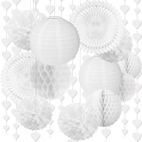 HOWAF Decorazioni Matrimonio Bianco, 13 x Cuori Ghirlanda Festoni Decorativi da Appendere Pompom Bianchi Lanterne di carta e Ventagli per Compleanno Matrimonio Anniversario Baby Shower Decorazioni