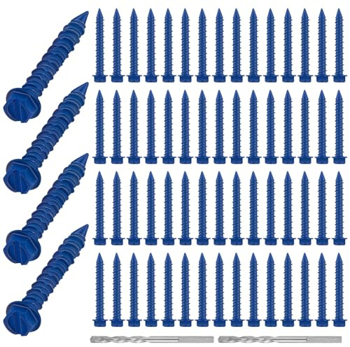 MorningRo 200 Qty 1/4 x 1-1/4 Hex Head Concrete Screws Anchor with Drill Bits Blue Slotted Hex Screws for Anchor Masonry, Block, Brick, Cement, Stucco, Diamond Point and Wood Fastening