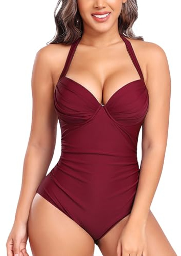 Rayson Costume da Bagno Donna Intero Costumi Curvy Modellante Push Up Scollo a V Costume Mare Sexy Reggiseno con Ruche Beachwear con Cinghia da Collo(Vino-Rosso,S)