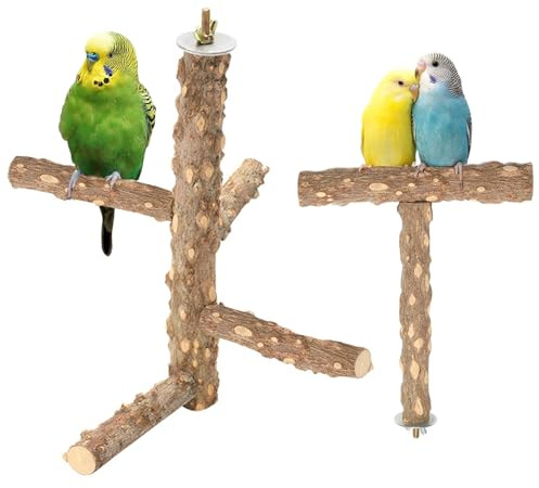 Honicemar Holz Vogel Sitzstangen Set - 2 Stück Vogelkäfig Zubehör mit T-Form & Kletterständer, Spielzeug für Kleine bis Mittelgroße Papageien, Fördert Bewegung Mentale Gesundheit