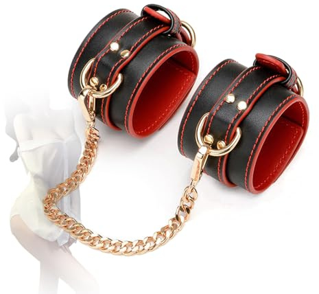 TAUOE Menottes en cuir véritable, réglables et rembourrées, idéales pour les jeux intimes et les experts - Double coloris noir et rouge.