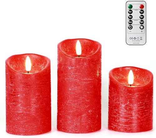 FREEPOWER 3er Set Echtwachs LED Kerzen Rot mit Fernbedienung und Timer – Flammenlose Batteriekerzen mit Flackerndem Warmweißlicht, Ø7,5 x 10/12,5/15cm