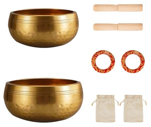 Juego de Cuenco Tibetano, 2 Cuencos Nepaleses Hechos a Mano con Diámetros de 8 cm y 11 cm con 2 Cojines de Anillo, 2 Mazos de Madera y 2 Bolsas para Cuencos para Meditación, Yoga, Masajes y Chakra