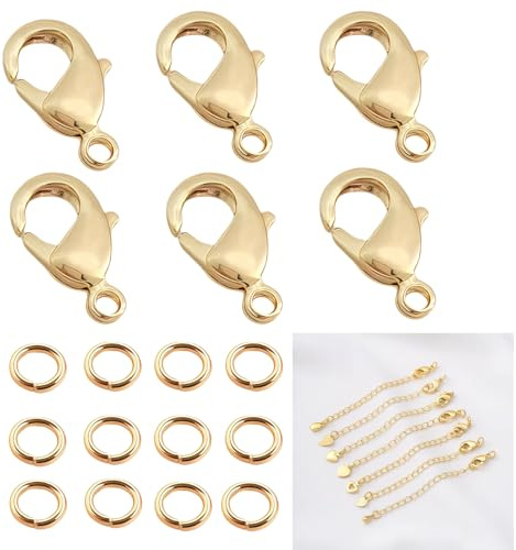 6Pcs Lobster Clasps 10x6mm with 12Pcs 3mm Open Jump Rings,18K Gold Plated Lobster Claw Clasps and Jump Rings for Jewellery Making,Brass Connector Findings for Necklaces, Keychains