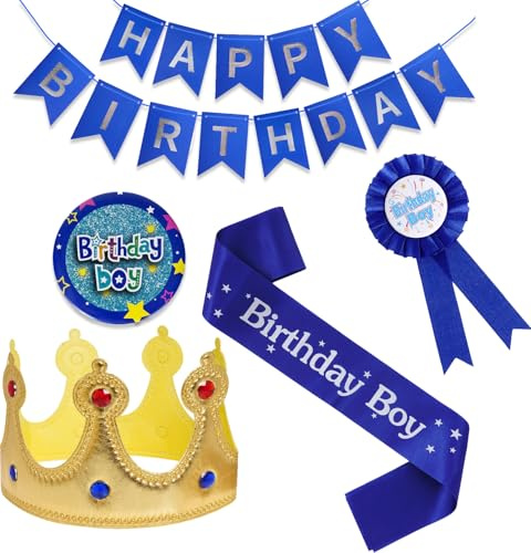 5-teiliges Geburtstagsset, Geburtstags-Abzeichen-Schärpe, Herren, König, Krone, Junge und Banner, Dekorationsset für Kindergeburtstage, Partyzubehör (blau)
