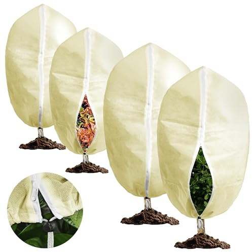 Chumix 4er-Pack Winterschutz für Pflanzen,Atmungsaktiv 70 g/m² Winterschutz Kübelpflanzensack, Frostschutz Pflanzenabdeckungen mit Reißverschluss und Zugband Beige 60x80cm 2Stück+80x120cm 2Stück