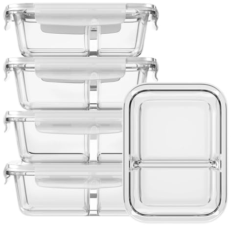 Skynzor 5 Piezas Tapers para Comida Hermetico, Recipientes Herméticos para Alimentos, Fiambrera Cristal, Envases de Vidrio con Tapa para Microondas, Congelador y Lavavajillas(1040ml, Transparente)