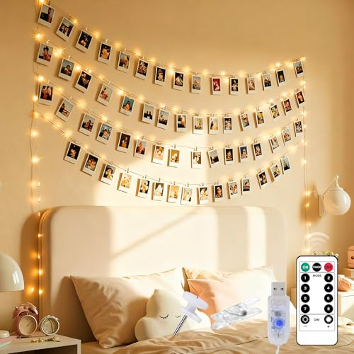 Liyade Guirlande lumineuse 10 m 100 LED avec pinces photo, USB, 8 modes d'éclairage, télécommande et variateur d'intensité, avec 60 pinces pour décoration de chambre, mariage, Noël, anniversaire, déco