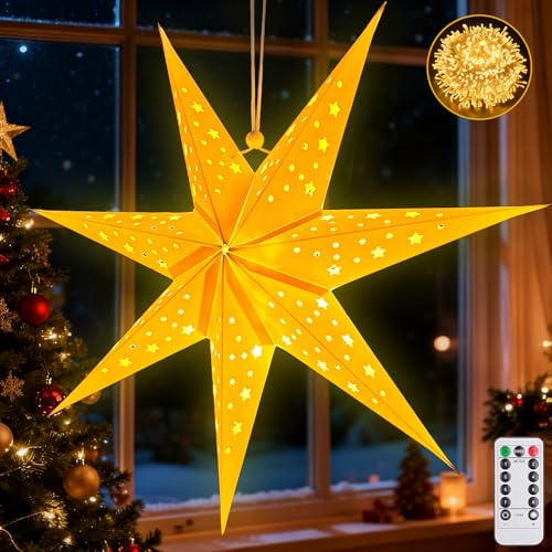 Papiersterne zum Aufhängen,45cm LED Papierstern Beleuchtet zum Aufhängen,Weihnachten mit Timer und 8 Beleuchtungsmodi,Weihnachtsstern Beleuchtet,Papierstern Weihnachten,Sterne Papier zum Fensterdeko