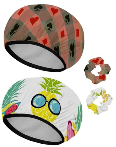 Eslifey 2 Pieces Reusable Shower Cap with Hair Scrunchies for Women, Waterproof Elastic Bath Hair Hat for Long Hair, Poker Car Hearts Diamonds Clubs Spades Pattern