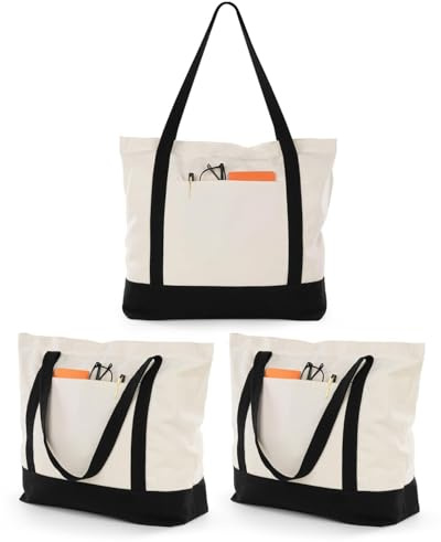 Lzerking Canvas Tote Bag with Zipper for Women, 3 Pack Large Tote Bags with Pocket (Natural Color), Heavy Duty Reusable Grocery Bags for Beach, Shopping, DIY