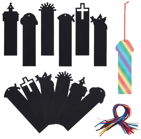 UNICRAFTALE 96 teilig Kratzlesezeichen Set mit Bändern und Bambusstäbchen Kirchliche Motive Bastelset Ostern Regenbogen Kratz Lesezeichen Für Schulaktivitäten Kreativpartys Gestaltungsideen