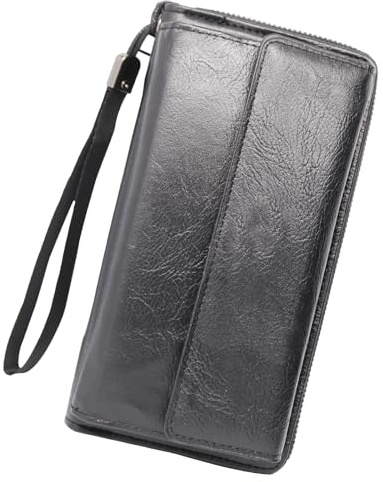 YUEcthynous Portafoglio lungo da uomo, in pelle PU, con chiusura lampo, protezione RFID, per cellulare, porta carte di credito, da uomo, con passante per mano, in pelle, grande vintage (nero)