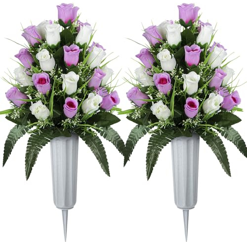 XONOR 2 Sets Artificial Cemetery Flowers, Grave Decorations Roses, Memorial Flowers Bouquet with Vase for Grave Cemetery Decoration (Pink &White)
