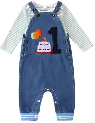 BOUTIKOME Ragazzi 1° Compleanno Vestito Bambino Ragazzo Tuta Set Neonati Vestiti Strisce Manica Lunga Pagliaccetto Jeans Regolabile Salopette con Bottoni Ricamo Stampante Set di Abbigliamento