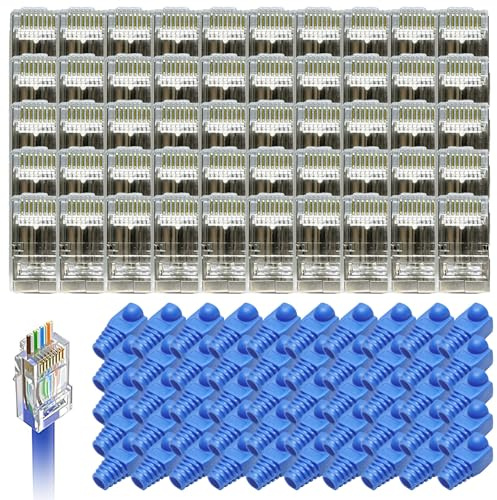 lcyen 50PCS RJ45 Connector RJ45 Pass Through Connectors, Cat 6 Connector, Shielded 8P8C Gigabit Trident Plugs with 50PCS Blue Boots, Gold-Plated Pure Copper Contacts, for Computers Routers Switches