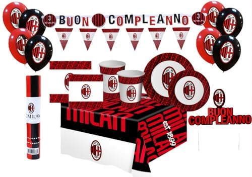 Kit Compleanno Milan per 24 Persone (24 Piatti, 24 Bicchieri, 40 Tovaglioli, 12 Palloncini, 1 Tovaglia, Festoni, Sparacoriandoli e Topper Torta - Set Festa 106 Pezzi Addobbi Tema Milan per Bambini