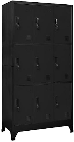 Fisinber Schließfachschrank Schwarz 90x45x180 cm aus Stahl mit 9 abschließbaren Türen, Modernes Design und Namensschildhalter, Robuste Metall-Aufbewahrung für Büro Schule Spind