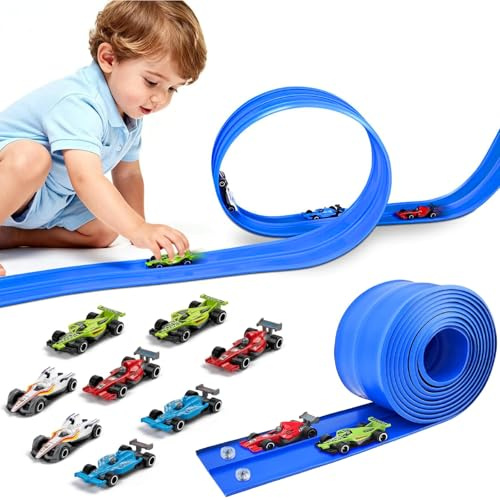 Dcceeo Flexibel Bilbana, 4M Bilbana för Barn med Dubbel Spår och 8 DIY Formel Racer Leksak Bilbana, Flexibel Rullebane, Present för Pojkar och Flickor