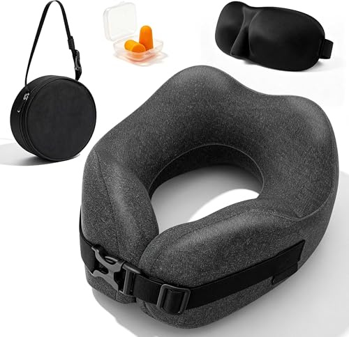 Keltorio Cojín cervical de avión, cojín de viaje con antifaz 3D, correa de transporte, cojín cervical ergonómico de espuma viscoelástica, soporte de 360° en la cabeza y el cuello para tren/avión/coche