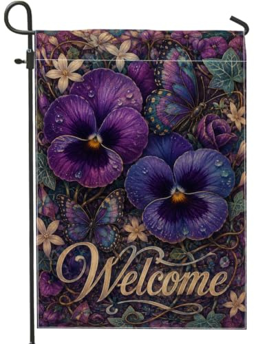 Bandera de jardín de pensamiento, flores de mariposa, flores de primavera, arpillera violeta, banderas decorativas de doble cara para exteriores, patio, césped, porche, entrada, camping, 12 x 18