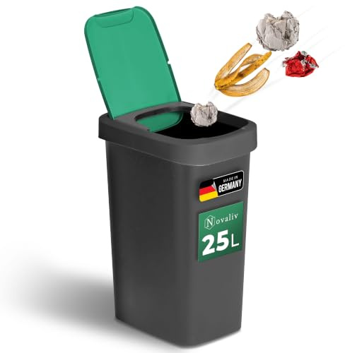 Novaliv Poubelle de 25 l avec couvercle basculant vert, poubelle de tri sélectif pour bio, verre et matières recyclées, système de tri des déchets recyclés, poubelle de cuisine, maison, bureau