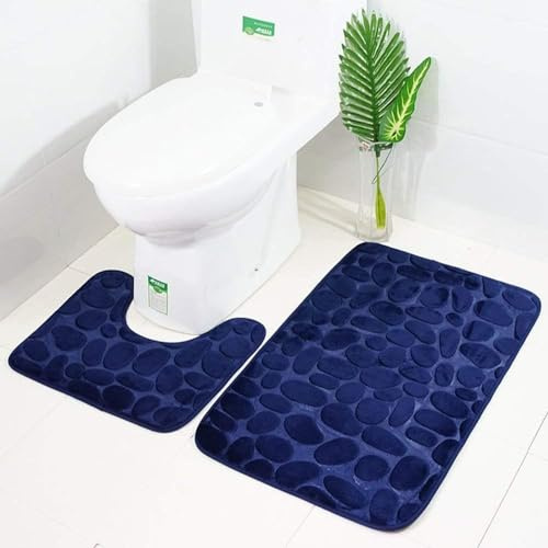 2 Stück rutschfeste Ständer Badematten Set atmungsaktivem Memory-Schaum Bad-Teppiche angenehm weiches Wasser saugfähig WC Badezimmer Teppich Rutschfest Ständer Unterstützung (Dunkelblau)