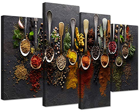 iHAPPYWALL Kitchen Pictures Wall Decor 4 Pieces Couful Spice in Spoon Vintage Canvas Wall Art Food Photos Painting On Canvas Stretched Framed Home Decoration Gift Ready to Hang