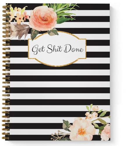 Softcover Classic Floral Get Stuff Done 8.5 x 11 Motivational Spiral Notebook/Journal, 120 Checklist Pages, Durable Gloss Laminated Cover, Gold Wire-o Spiral. Made in the USA
