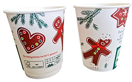 Pro DP 1500 Bio Glühweinbecher Heißgetränkebecher Glühwein to go Becher mit 200ml 0,2l Eichstrich Weihnachten Weihnachtsmotiv Lebkuchenmann mit Bio Barriere kompostierbar Made in Germany