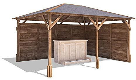 Dunster House Wooden Gazebo 13' x 10' with Black Roof Shingles – Outdoor Garden Bar Shelter with Log Bar and Two Side Panels Included, Timber Patio Gazebo, Utopia