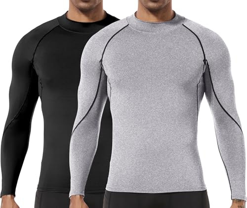 Herren (2er Pack) Kompression Langarm Stehkragen Wintersport Baselayer T-Shirts Tops Schwarz/Grau05-XL